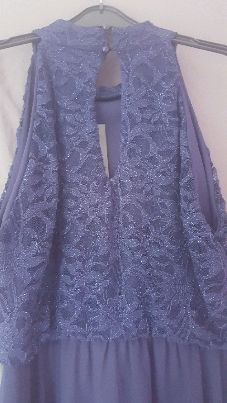 navy glitter lace high neck dip hem dress